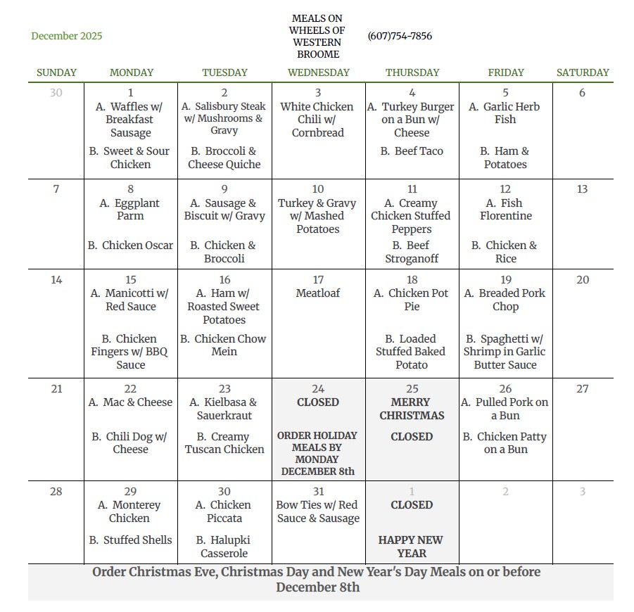 December 2025 menu
